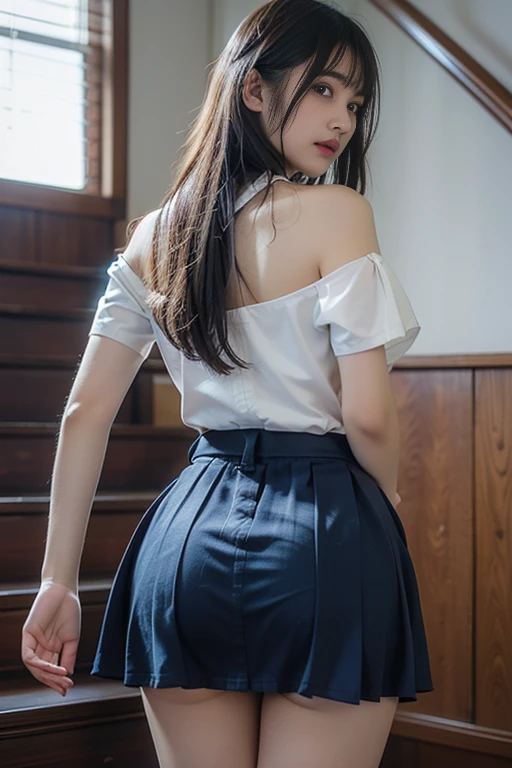 (8K, best quality, masterpiece:1.2), (realistic, photo-realistic:1.37), (high color saturation:1.0), (highly detailed skin), (highest quality:1.0), (ultra high resolution:1.0) ,(realistic:1.0), (Super detailed:1.0), (8K, Raw photo:1.1)、standing random pose, smiling, natural breast, perfect lighting, ((3girls students)), 18years old, (mysterious), clear and detailed, ((school_uniform, Japanese sailor uniform, flared skirt)), (indoor school climb the stairs), surprised face, (white_silk_panties), looking at back viewer, nsfw, low angle photo,