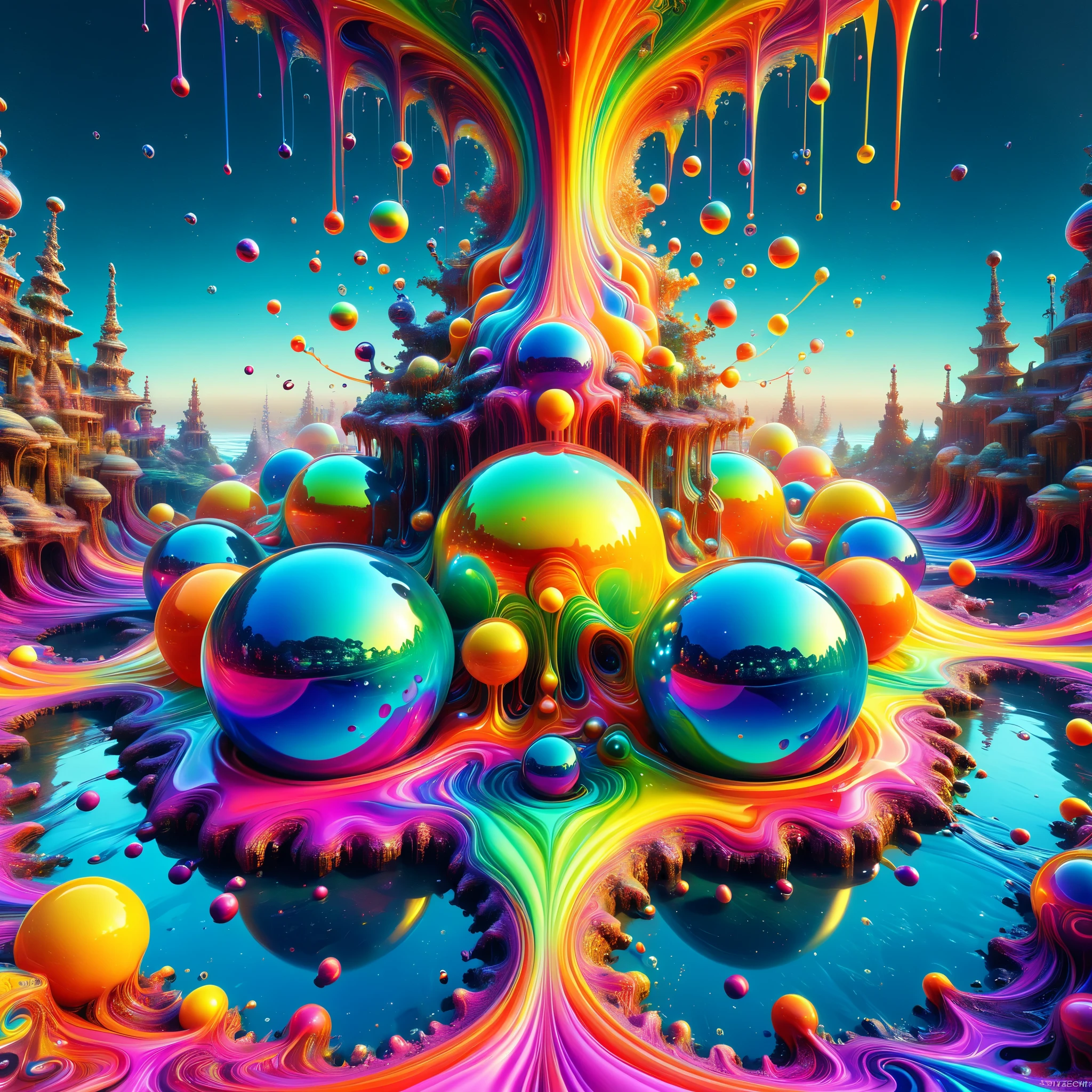 A photorealistic cinematic dream, psychedelic vibrant colors shimmering, glass morphing, rivers of intricate rainbow patterns, perfectly formed symmetrical spheres, glowing reflective bubbles, attention to detail on the bubbles and spheres, rainbows of color twisted in and out of translucent orbs, spilled paint and spirals of swirling color in the background, beautiful detailed digital art, pixel art, neon colors, 4d mandelbulb psychedelics, glass-like  landscapes, intricate coloration of  environment, psychedelic underwater brightness, trails of color and light, bright neon colors, psychedelic vibrant colors, colorful paint drips out of the bubbles, 3D glass spheres melting into each other spilling out colors, visually disorienting, hallucination inducing, optical illusions, startling, stunning images, awe-inspiringly, best quality wallpaper, pixel assets, portrait photography, surrealism, photorealistic, hyperdetailed, glass morphism,highly reflective, glass shines and sparkles 1In a room with mirrors for walls glass is morphing from colors inside of intricate rainbow patterns, perfectly formed symmetrical spheres and glowing reflective bubbles are everywhere melting into fizzy neon patterns carpeting the ground. Attention to detail on the bubbles and spheres, rainbows of color twisted in and out of translucent orbs, spilled paint and spirals of swirling color in the background, beautiful psychedelic digital art, pixel art, neon colors, 4d mandelbulb psychedelics, glass-like psychedelic landscape, intricate rainbow environment, psychedelic underwater brightness, trails of color and light, bright fluorescent colors, psychedelic vibrant colors, bright psychedelic neon colors, colorful paint drips out of the bubbles, 3D glass spheres melting into each other spilling out colors, visually disorienting, hallucination inducing, optical illusions, startling, stunning images, awe-inspiringly, best quality wallpaper, pixel assets, portrait photography, surrealism.Realism.