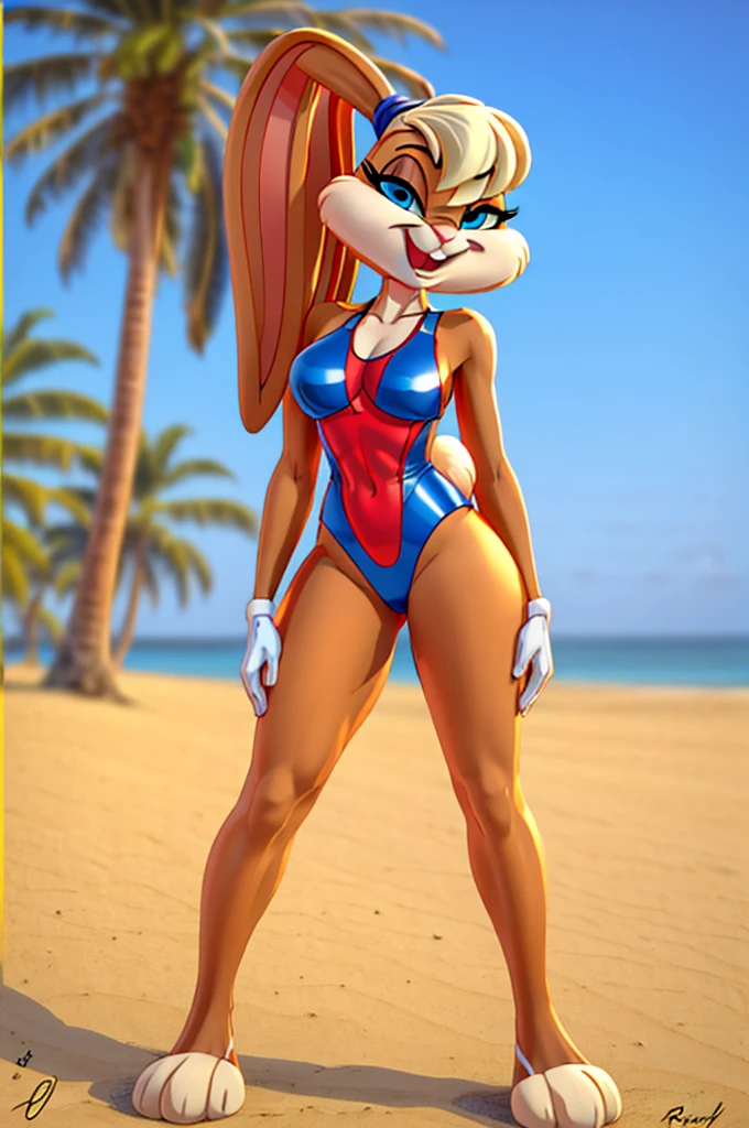 Rabbit is a full-length cartoon girl slim skinny in a red tight lycra swimsuit on the beach with a happy face