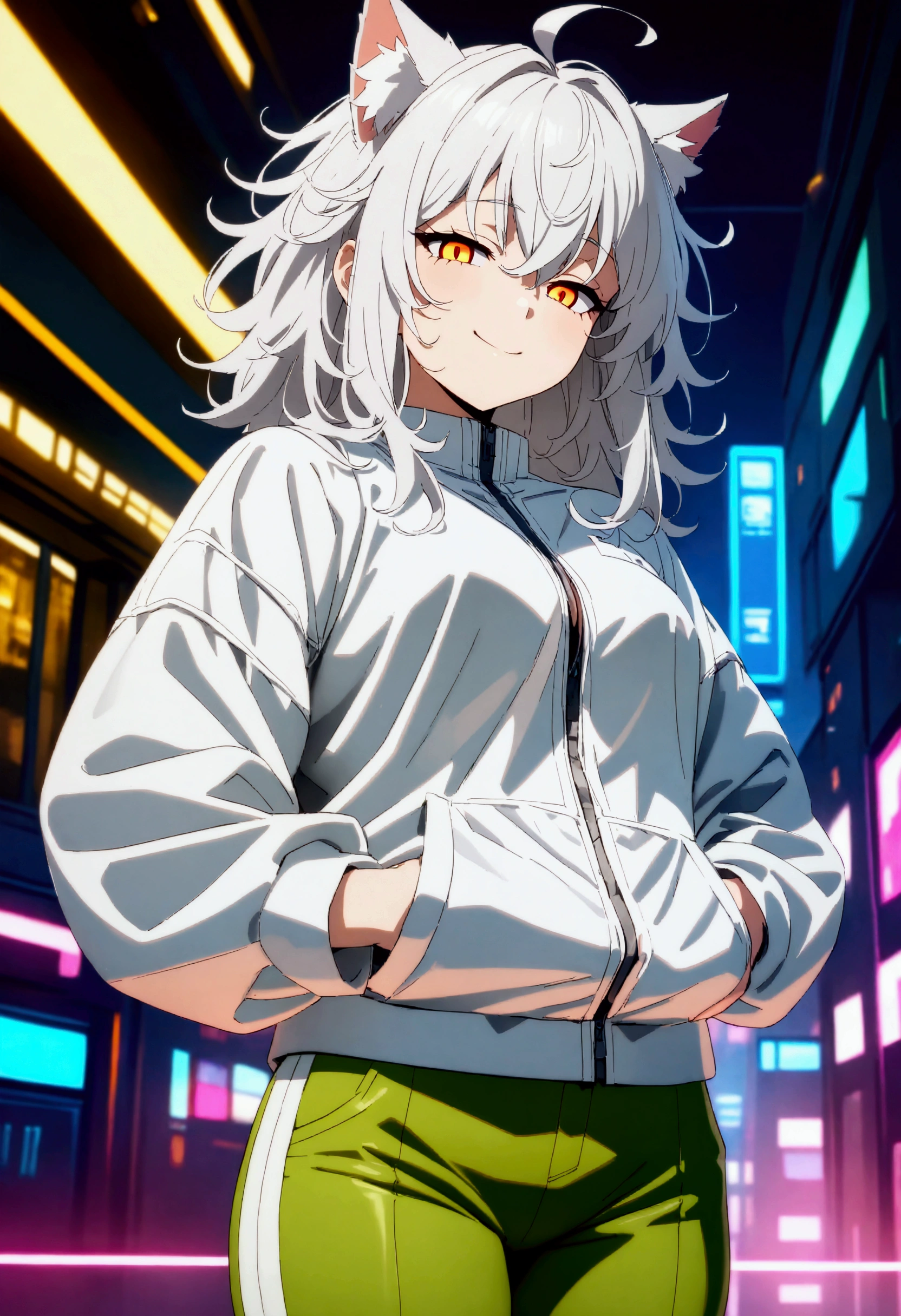 masterpiece,absurdres,8K,(simple cyberpunk background:1.1),smile,half-closed eyes,cowboy shot,(solo lady),(28-year-old),(silver cat ears),(silver hair),(middle hair:1.1),(messy hair),(Ahoge:0.9),(middle breast0.9),(()),(orange eyes),(sharp-shaped eyes),(()),cyberpunk,silver jacket,green pants,hands in pocket,
