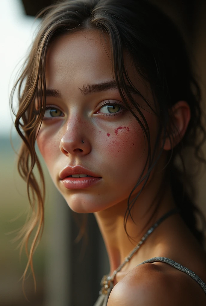 A woman, thirty two years old, with soulless brown eyes  and short hair brown, with military uniform, small nose and perfect lip. she have a soldier and war background, run makeup, perfect brown eyes and little blood in her face, white skin 