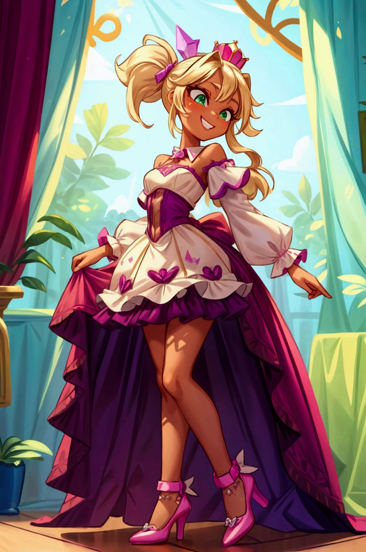 (Masterpiece, best quality) 1 girl, standing indoors with intricate details and sunlight, magenta and white frilled dress with short neckline, purple high heel shoes, crown in head, blonde medium long  hair, two ponytails, green eyes, blue, dark brown skin, sexy smile, bad girl, confidense attitude, teeth showing, sexy pose, coquette, beautiful long legs, mature teen girl, gorgeous body, pronounced breasts.