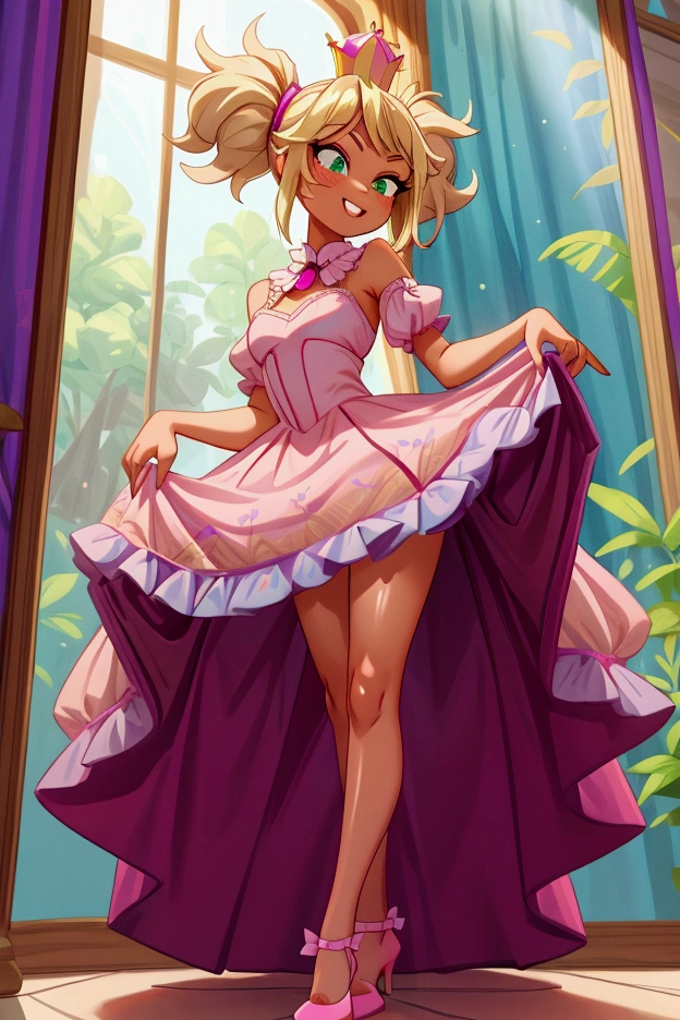 (Masterpiece, best quality) 1 girl, standing indoors with intricate details and sunlight, magenta and white frilled dress with short neckline, purple high heel shoes, crown in head, blonde medium long  hair, two ponytails, green eyes, blue, dark brown skin, sexy smile, bad girl, confidense attitude, teeth showing, sexy pose, coquette, beautiful long legs, mature teen girl, gorgeous body, pronounced breasts.