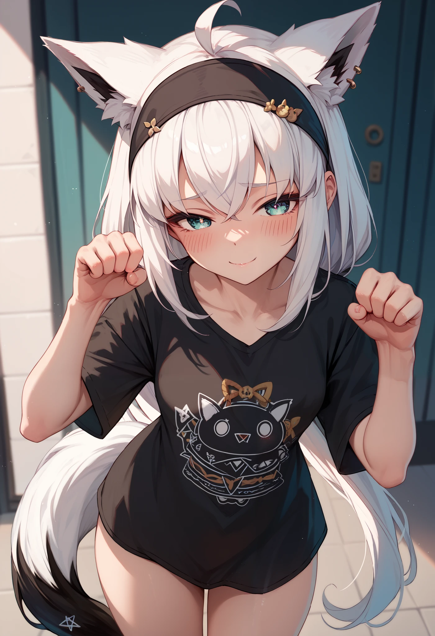 ( enchanting eyes),Fubuki_relax, sidelocks, black t-shirt, black hairband, no pants, white hair, ahoge, piercing, fox tail,pink panty,paw pose,blush、half−closed eyes,smile、 embarrassed 