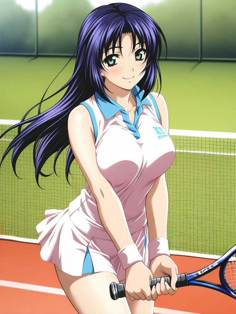 masterpiece, best quality, KanouMiho, 1girl, solo, long hair, blue hair, green eyes, large breasts, smile, tennis uniform, outdoor,