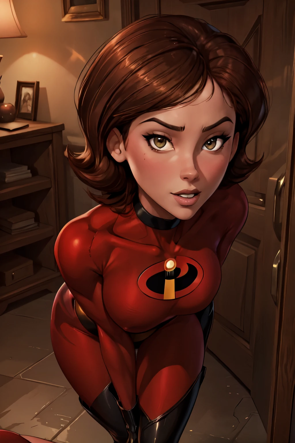 masterpiece, best quality, 4k, detailed, intricate, realistic),hot super-heroine opening her door seductively, seductive, helenparr,tight superhero costume, red costume, sexy costume, detailed face, detailed body, Intricate, High Detail, Sharp focus, studio lighting, detailed, detailed face, sexy, sexy pose, Helen Parr, normal body, fair skin, green eyes, playful, Kate Beckinsale, adult woman, mature woman, perfect eyes, beautiful eyes