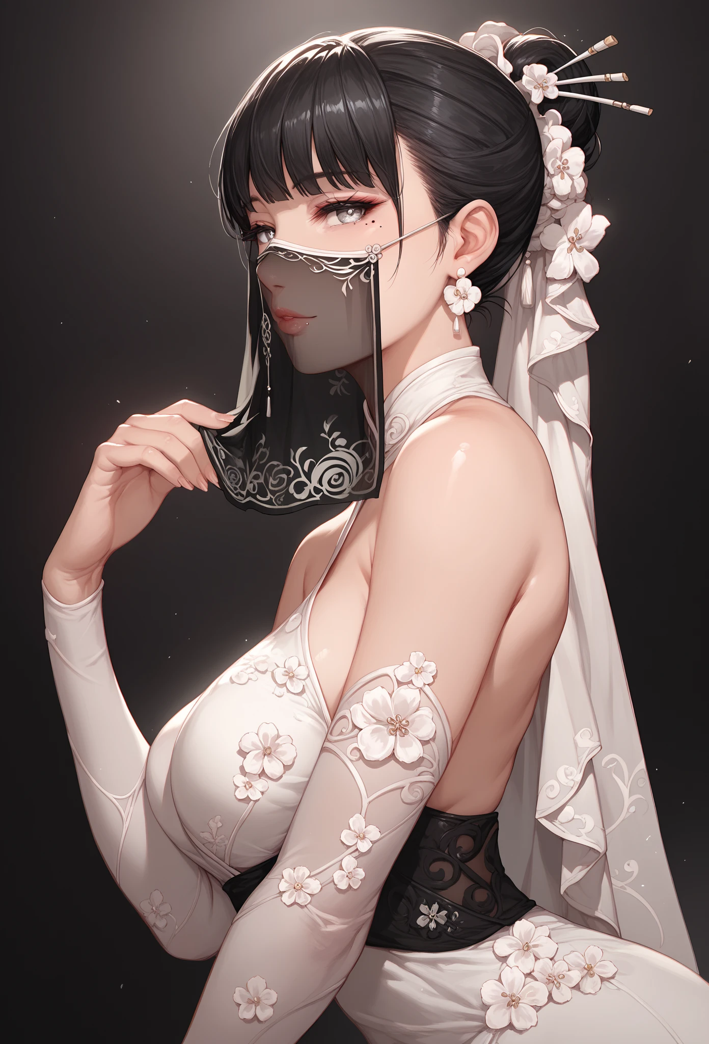 mixed_artwork style, (detailed eyes), (Mature woman), beautiful woman, medium breasts, (black hair), tied hair in the back, Side bangs, (black white oriental dress), (Face veil), silver eyes, mole under eye, huge body