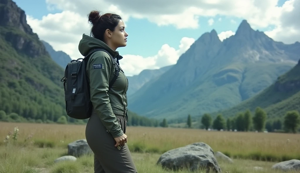 award winning clip  ( full body :0.8) (portrait photo:1.3) of a young woman ( science-fiction astronaut :1.3) common (:1.4), (Stargate :1.4),  looking at a verdant alien planet, (mountains:1.2) (Tall grass:1.4), [stones,  fluffy clouds in the sky ,  on artstation , highly detailed, fine detail, intricate, ( lens reflection :0.6), ( Backlight :0.8), (bloom:0.8),  shallow depth of field 