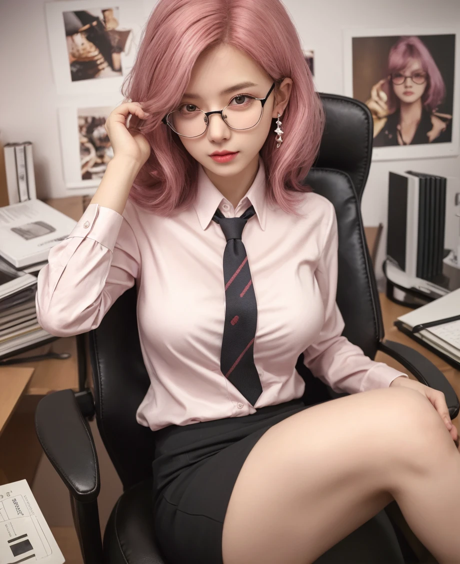 (RAW photo, best quality), (realistic, photo-realistic:1.3), masterpiece, an extremely delicate and beautiful, extremely detailed, CG, unity , 2k wallpaper, Amazing, finely detail, light smile, extremely detailed CG unity 8k wallpaper, huge filesize, ultra-detailed, highres, absurdres, soft light, (((medium hair:1.3), short bang, pink hair, floating hair novafrogstyle)), beautiful detailed girl, detailed fingers, extremely detailed eyes and face, beautiful detailed nose, beautiful detailed eyes, long eyelashes, light on face, looking at viewer, (closed mouth:1.2), 1girl, cute, young, mature face, (full body:1.3), ((small breasts)), realistic face, realistic body, beautiful detailed thigh, (ulzzang-6500-v1.1:0.8), <lora:koreanDollLikeness_v15:0.4>, business suit, cross-laced clothes, collared shirt, open clothes, in office, detailed office, open cardigan, black thighhighs, miniskirt, black underwear, unbuttoned shirt,