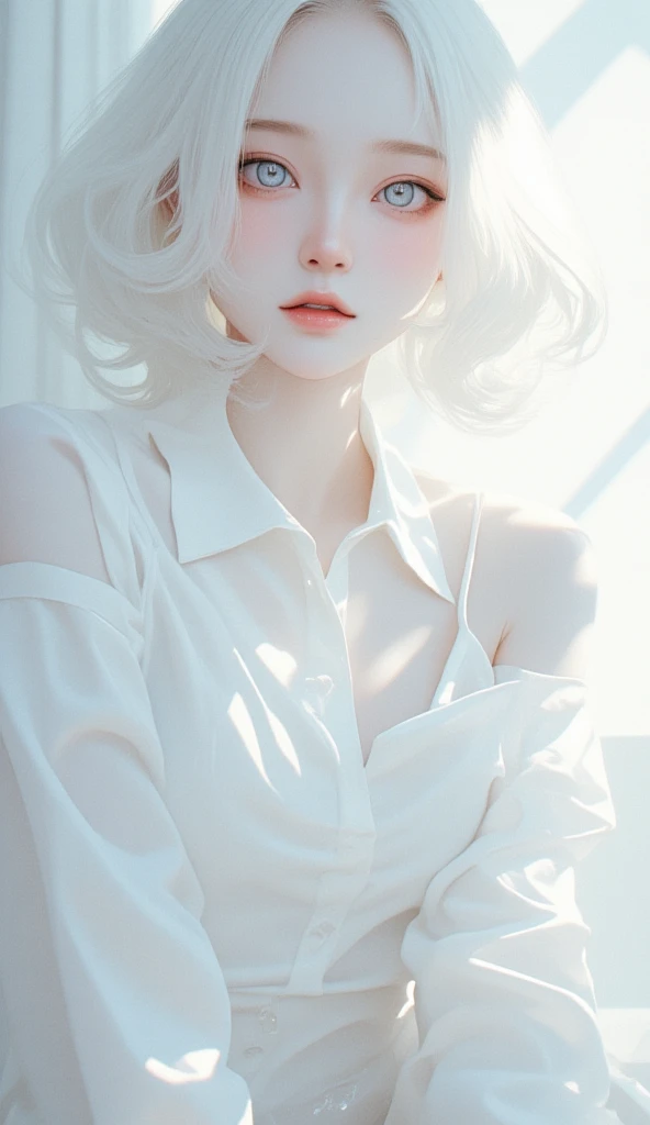 (((White background:1.3)))、((( 1 Albino Girl 、 cute face、 cute girl))), ************,((( White eyes :1.3)))、 white dress、(( white shirt:1.3、 White Block Dress)),  Tyndall effect, Realistic, Shadow Studio,Ultramarine、illumination, Dual tone illumination, ( Skin with attention to detail: 1.2)、薄Dark illumination、Dark illumination、   photos,  high definition , 4K, 8k,  Background Blurred , beautiful fade out、White World、White background