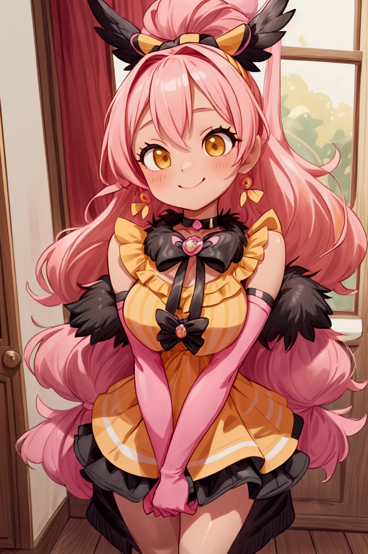 "Masterpiece, best quality, 1 girl, pink hair, big bow, elbow gloves, black crop top, fur stole, choker, standing indoors with intricate details and sunlight. black orange and yellow frilled dress striped with short neckline, Sweet smile, sexy pose, coquette, beautiful legs, mature body, gorgeous, pronounced breasts