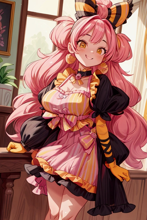 "Masterpiece, best quality, 1 girl, pink hair, big bow, elbow gloves, black crop top, fur stole, choker, standing indoors with intricate details and sunlight. black orange and yellow frilled dress striped with short neckline, Sweet smile, sexy pose, coquette, beautiful legs, mature body, gorgeous, pronounced breasts