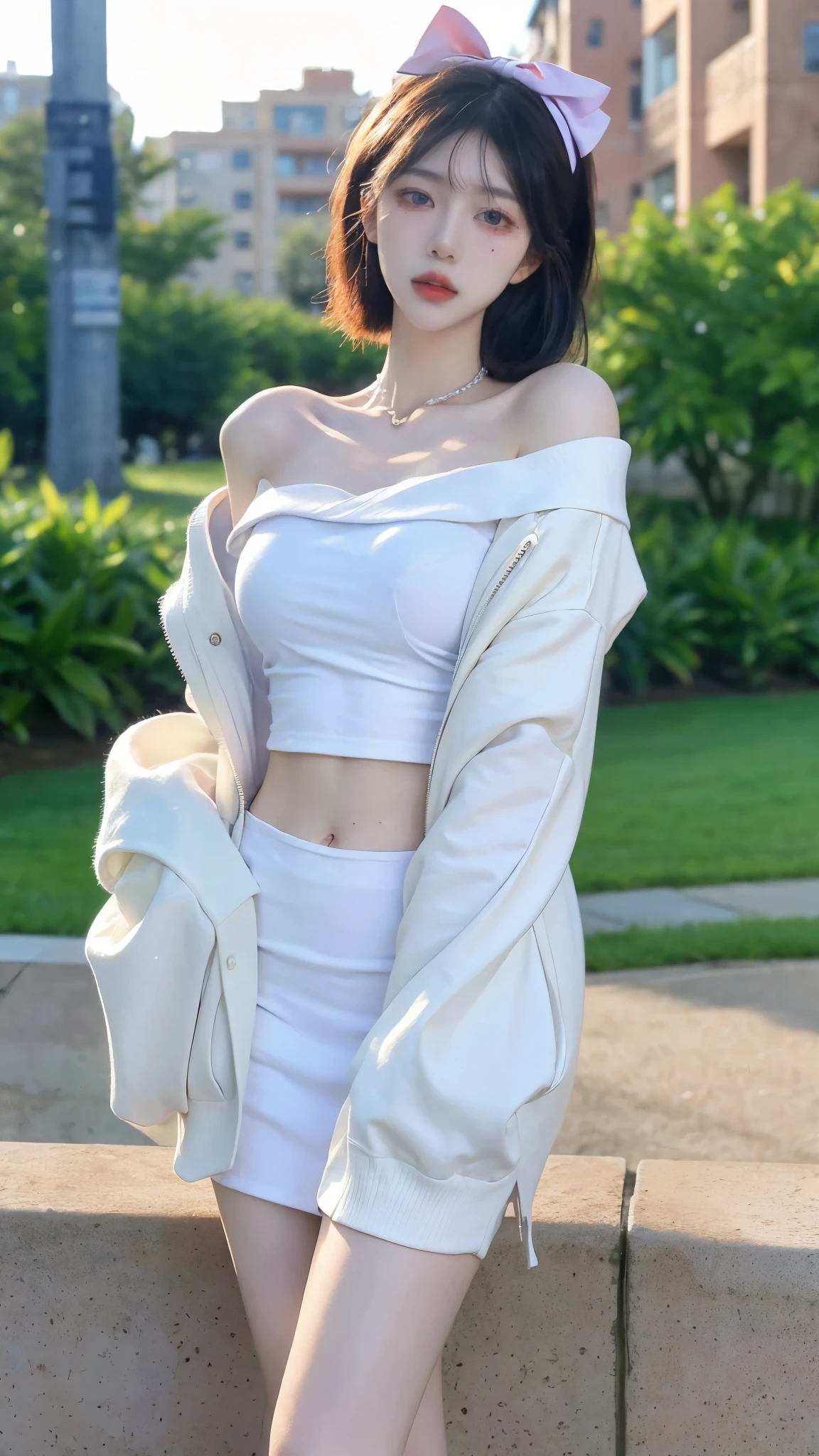 Beautiful woman with perfect figure:1.4、snow、Touching butt with both hands、snow背景、Layered Hairstyle、Fair skin、Cleavage highlights、Pleated Skirt、whole body、The face and skin texture are very fine.、black,Double eyelids、Skin Whitening、White hair
