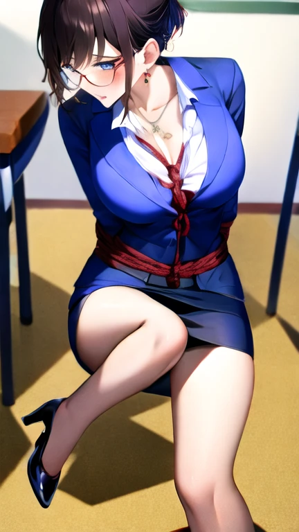 masterpiece,  best quality:1.2),    1 girl, solo female teacher、   business suit  、  recruitment suit 、   tight skirt  、   black stockings 、   high heels  、blouse、valley、length, Thin legs、 up hair 、Glasses、classroom、During class、female teacher、bondage、Hemp rope on the top and bottom of the chest、bondage、 binding、NSFW rope bondage , Crying face,  Breasts Rope Bondage ,  hands back rope bondage,  Leg Rope Devonge , thigh rope bondage, bust rope bondage, feet rope bondage, Arms behind waist,SM、レイプ