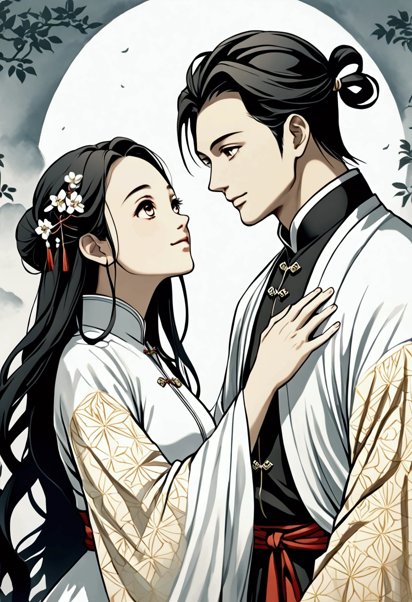 (A couple, beautiful girl and boy), big watery eyes, looking at each other, smiling and wearing white clothes, delicate hair, an ancient Chinese beauty and Handsome guy, wearing ancient Chinese clothing, flowing tulle, light silk,(clean background), ink painting style, clean color, decisive cutting, blank, freehand, masterpiece, super detailed, epic composition, high quality, the highest quality, 4k