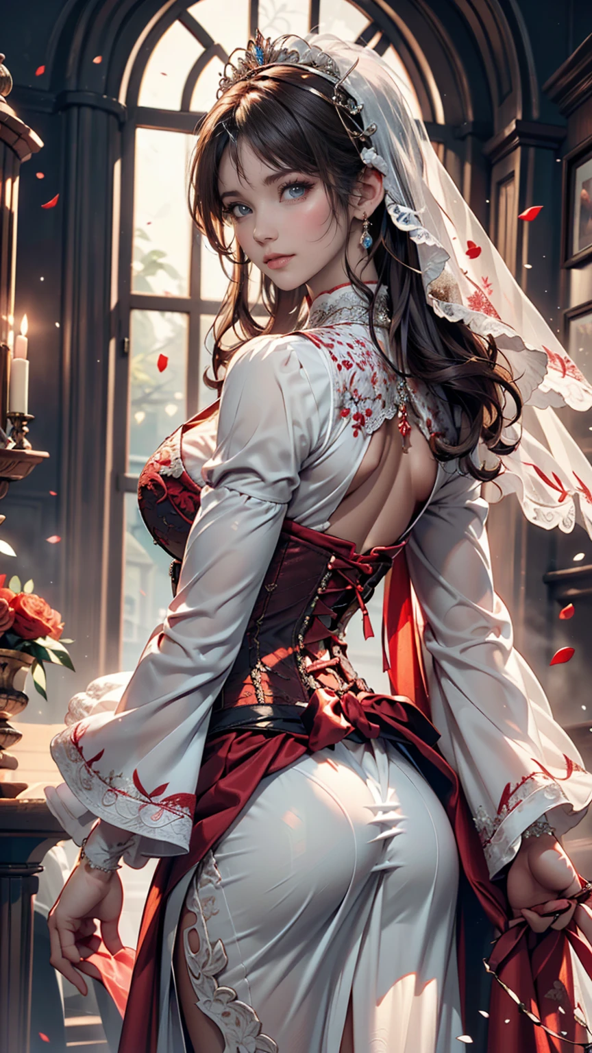 (( Highly Detailed CG Unity 8k Wallpaper )), masterpiece,  super detailed, floating,  high definition , Sexually suggestive, ( smaller, Very long white hair,  princess your toddler, White Mage,  blue eyes, (long、 in a white and red sheer layered long dress、It has long detachable wide sleeves and intricate embroidery ),  bridal veil ,  circlet,  bridal gauntlet ,  blanking, shy, Arched back, Frilled petticoat,  glamorous corset ,