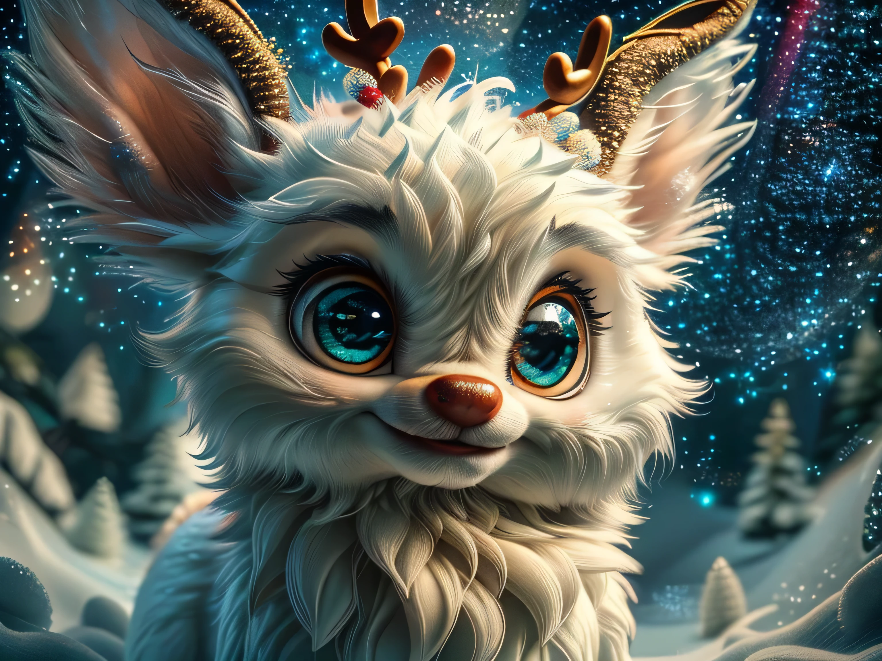 Magical Fantasy Creature, (Best Quality, Masterpiece, Representative Work, Official Art, Professional, Super Detailed, 8k:1.3), (Photorealism:1.2) Super Cute, Big Eyes, Soft, Soft Nose, Fluffy, Double-Toothed Smile, Aurorastyle, Highly detailed Dynamic shot of majestic adorable baby reindeer, high quality, beautiful masterpiece, fantasy creature, kawaii, digital art, glowing sparkles, Realistic, Beautiful, Stars in Eyes, Soft Volumetric Light, (Backlight:1.3), (Cinematic:1.2), Intricate Details, (ArtStation:1.3), --auto --s2