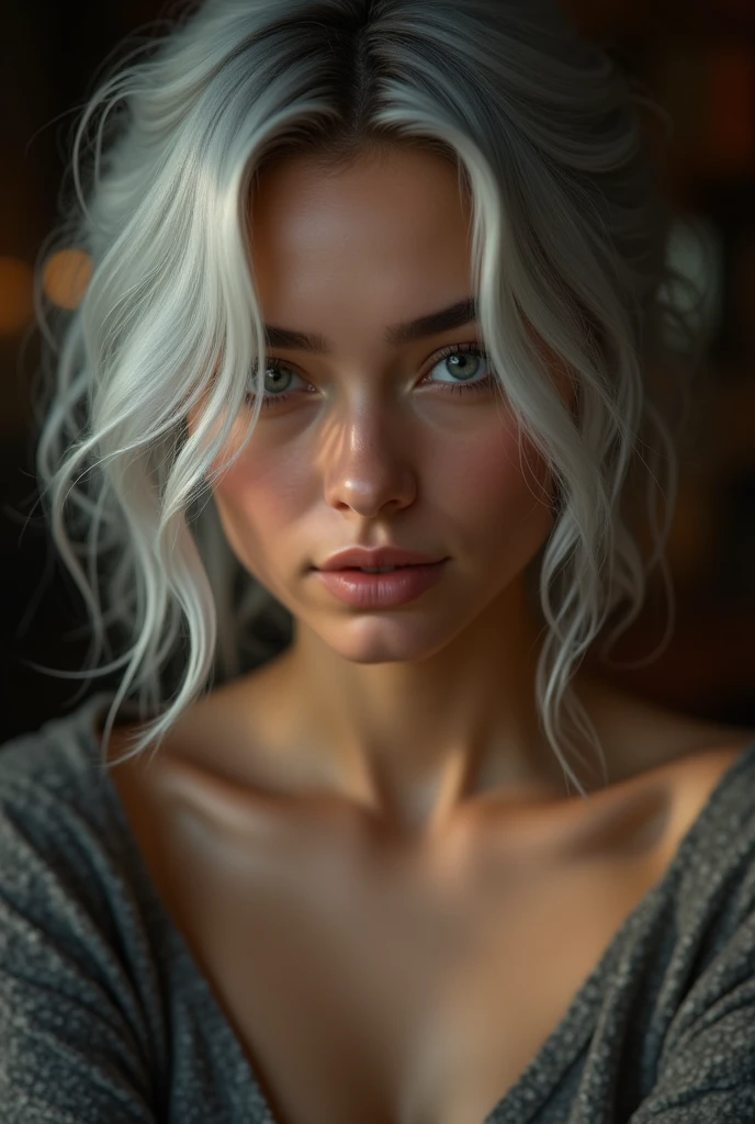 Beautiful girl with white skin, light gray hair, professional photo, 4K, a high resolution, high detail, aesthetically pleasing, Beautiful, realistic, looks straight into the camera, against the backdrop of a dark living room