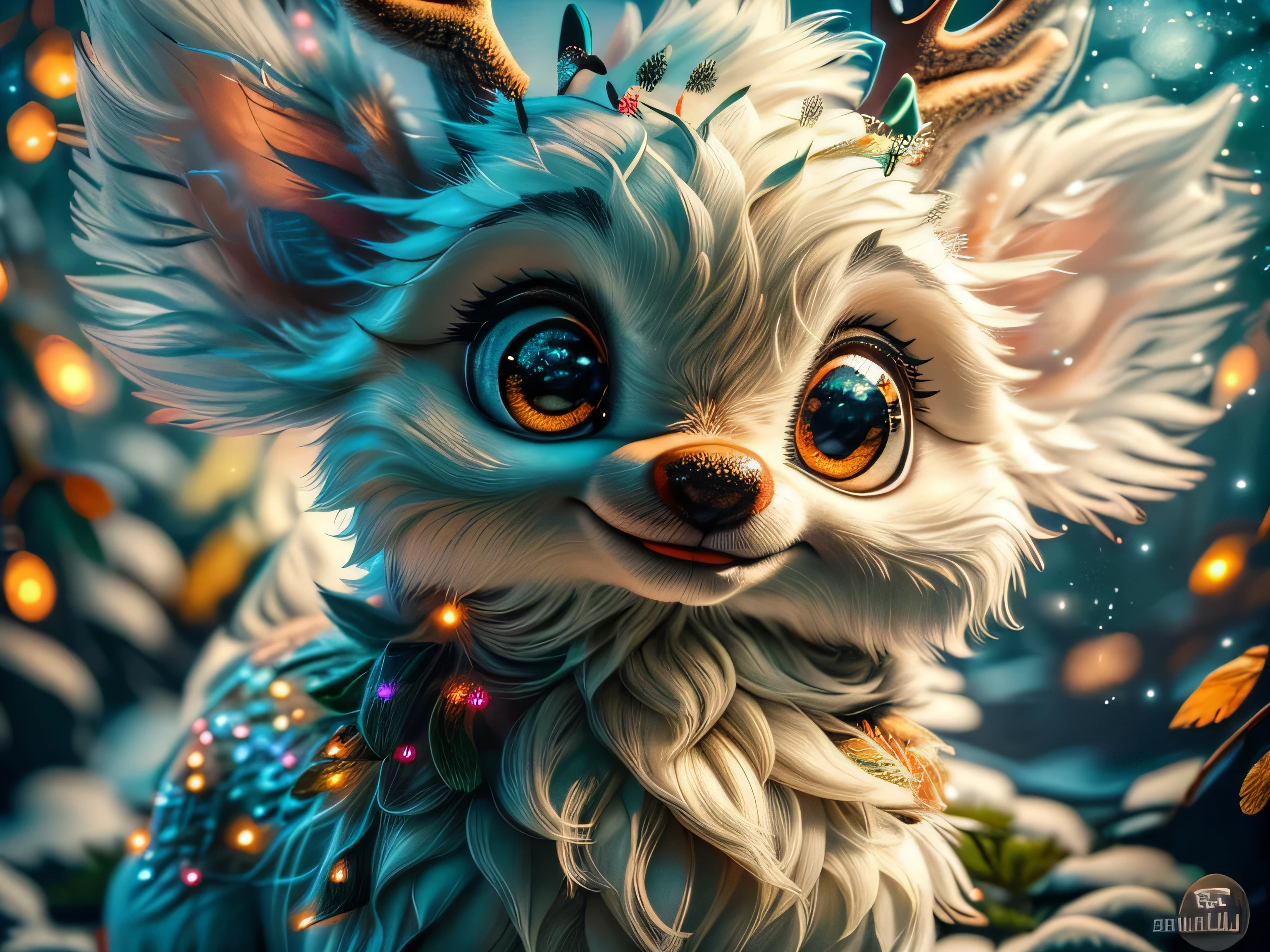 Magical Fantasy Creature, (Best Quality, Masterpiece, Representative Work, Official Art, Professional, Super Detailed, 8k:1.3), (Photorealism:1.2) Super Cute, Big Eyes, Soft, Soft Nose, Fluffy, Double-Toothed Smile, Aurorastyle, Highly detailed Dynamic shot of majestic adorable baby reindeer, high quality, beautiful masterpiece, fantasy creature, kawaii, digital art, glowing sparkles, Realistic, Beautiful, Stars in Eyes, Soft Volumetric Light, (Backlight:1.3), (Cinematic:1.2), Intricate Details, (ArtStation:1.3), --auto --s2