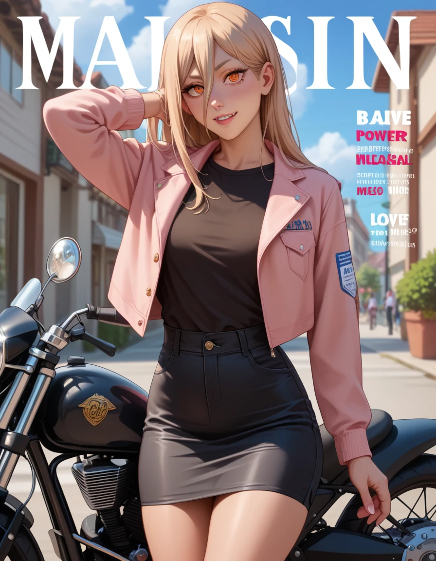 Front cover of a women's cooking magazine, text, diagrams, advertisements, magazine title,  POWER FROM CHAINSAW MAN ANIME,DENIM JACKET,BLACK SKIRT,MOTORCYCLE BEHIND HER,FLAT EXPRESSION,TOP MODEL,MODEL POSE,ANIME STYLE ART, Anatomically correct, Beautiful face, Perfect face, Highly detailed beautiful face and eyes, Attractive face, Detailed face, Delicate facial features, Detailed skin, SMALL breasts, Sensual, Elegant, Glamor, Bitch, Slut, Whore, Voluptuous, Seductive, Glamor, Love handle, SLIM BODY, 