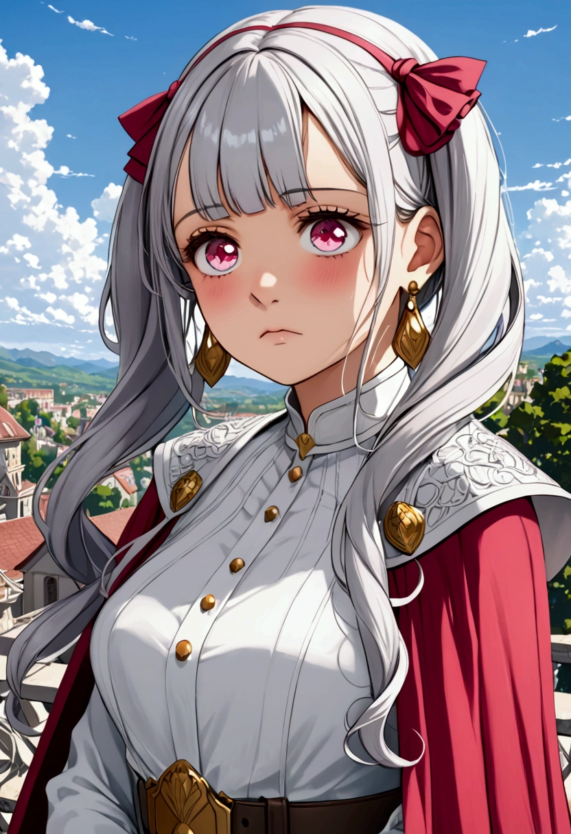 ((best quality)),((highly detailed)),masterpiece,absurdres,detailed face,beautiful face,(detailed eyes, deep eyes),(1girl),((dynamic pose)), Noelle, pink eyes, twintails, jewelry, earrings, sweatdrop, belt, long hair, solo focus, capelet, silver hair, outdoors, closed mouth, long sleeves, sweat, choker, dress, standing, day, bangs, sky, shirt, frown, solo