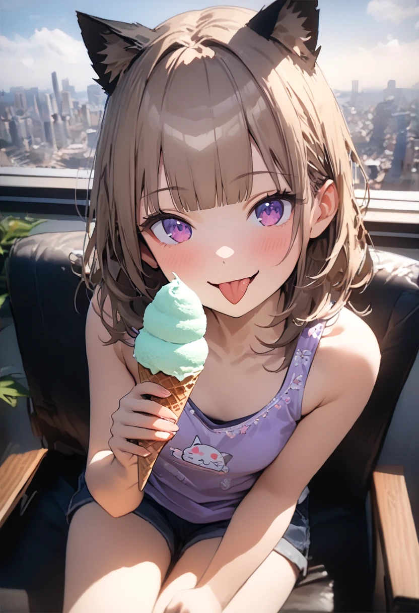 ((Masterpiece)), ((best quality)), ((kawaii)), ((extremely detailed)), 4K, (8K), (super detail:1.2), (High Definition:1.3), (Professional Photography:1.2), cinematic lighting, (very aesthetic:1.2), (absurdres:1.2), (sharp focus), (perfect light), ((1girl)),((12 years old)), (1girl), cute young girl, (naughty smile), ((sticking out tongue)), (Beautiful deep purple eyes:1.2), (put on cat ears),  girl, (Embroidered cute tanktop), small breast, Healthy skin, (Healthy slim body), (loose blunt bangs), ((Beautiful Silky hair)), medium hair, ((beautiful pale brown hair)), shortpants, BREAK, ((best quality)), (very aesthetic:1.2), (absurdres:1.2), ((extremely detailed)), 🌈, Eating vanilla ice cream, (loose sitting on chair), ice cream on the café terrace, (the Midsummer Cafe Terrace), Beautiful cityscape Background, Large Cumulonimbus Clouds, pastel colors clouds, kawaii, cute colors,