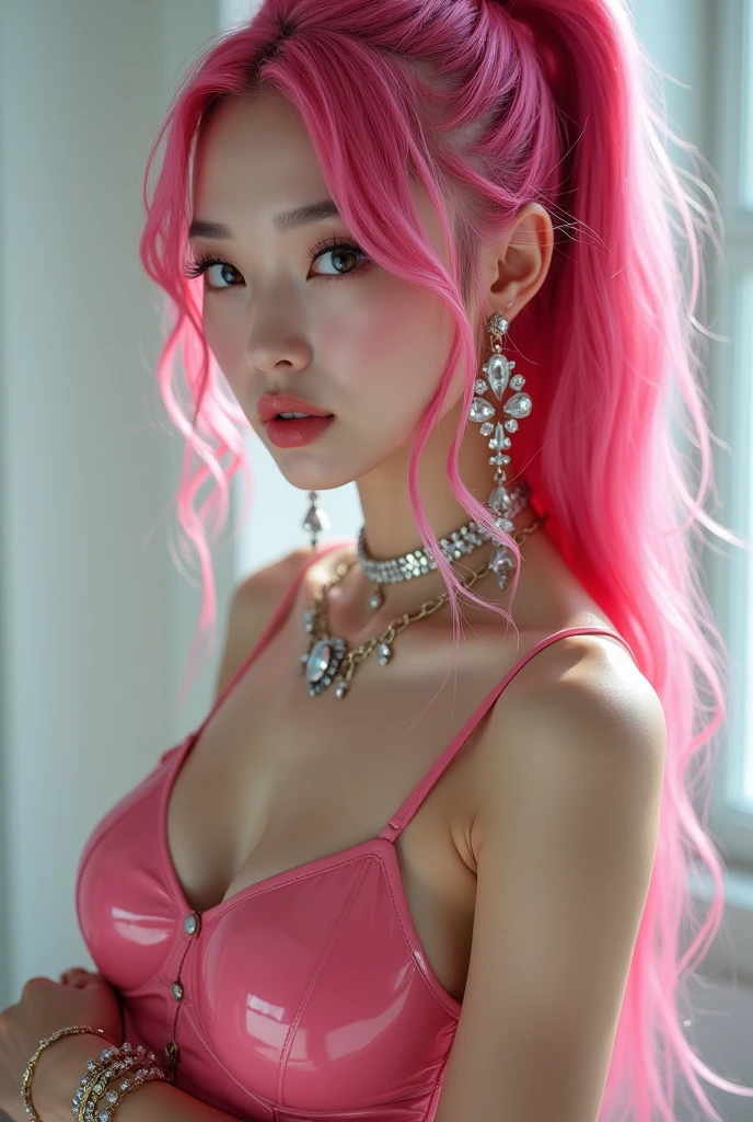 WOMAN SINGER FROM BACK PINK HAIR BLACK DRESS HYPERREALISTIC LONG PINK HAIR BLACK DRESS