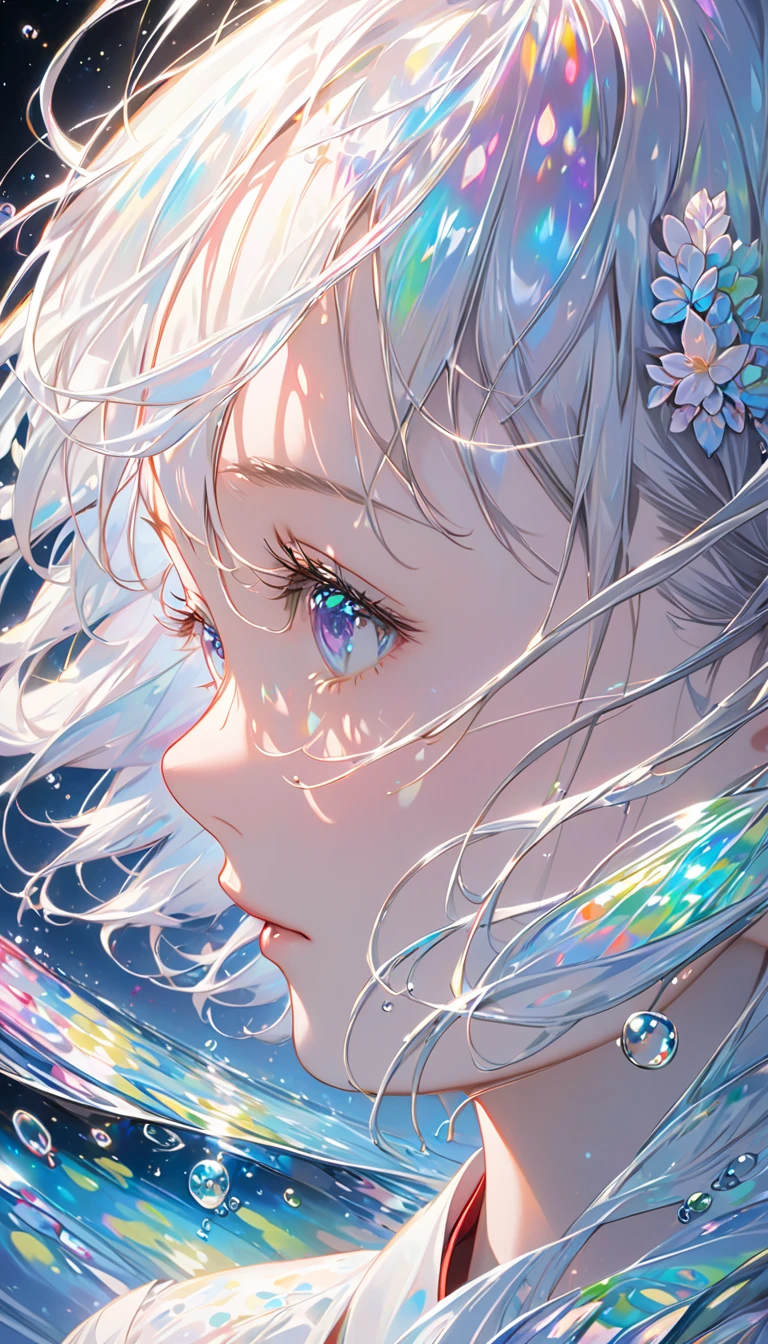    girl with short white hair is swimming in the starry sky ,   ultra high resolution rendering style  ,Shine,   purple   ,green,Brush,Realistic oil painting,Shine瞳,     head close-up     ,     Exaggerated Perspective          ,     Tyndall effect,     water drop   ,Pearl shell iridescence,     Holographic White     ,     black background，Chamber mint ,Komori Meto,Fleeting Expression