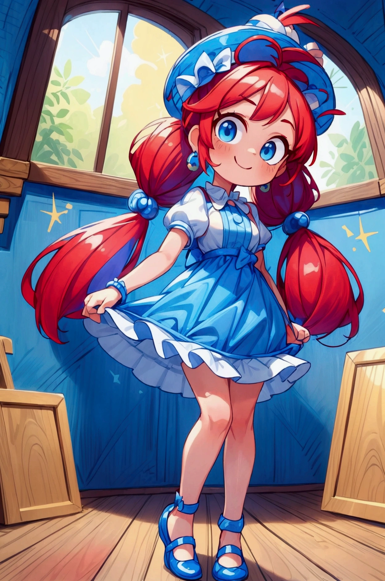 (masterpiece, best quality), 1girl, blue and white frill dress, red hair, two ponytails, cute face, blue eyes, standing, indoor, intricate detail, sunlight, cute dog hat, sexy pose, blue and white shoes, earrings, elegant hand watch, smile, coquette, gorgeous legs, mature ager body, lovely, gorgeous body, pronounced breasts
