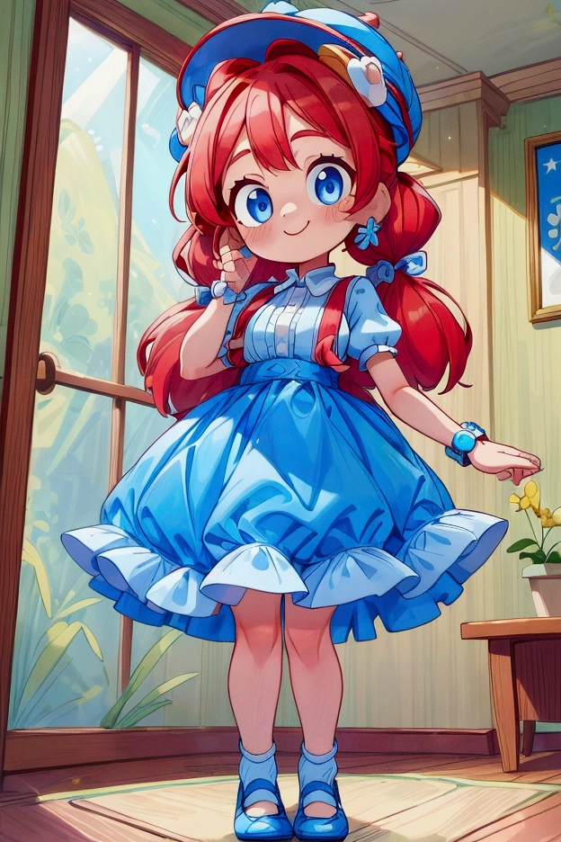 (masterpiece, best quality), 1girl, blue and white frill dress, red hair, two ponytails, cute face, blue eyes, standing, indoor, intricate detail, sunlight, cute dog hat, sexy pose, blue and white shoes, earrings, elegant hand watch, smile, coquette, gorgeous legs, mature teenager body, lovely, gorgeous body, pronounced breasts
