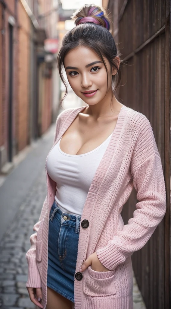 beautiful, University student, Japanese, Spanish, mixed blood, cardigan, big boobs, bare midriff, short-sheeves, whole body