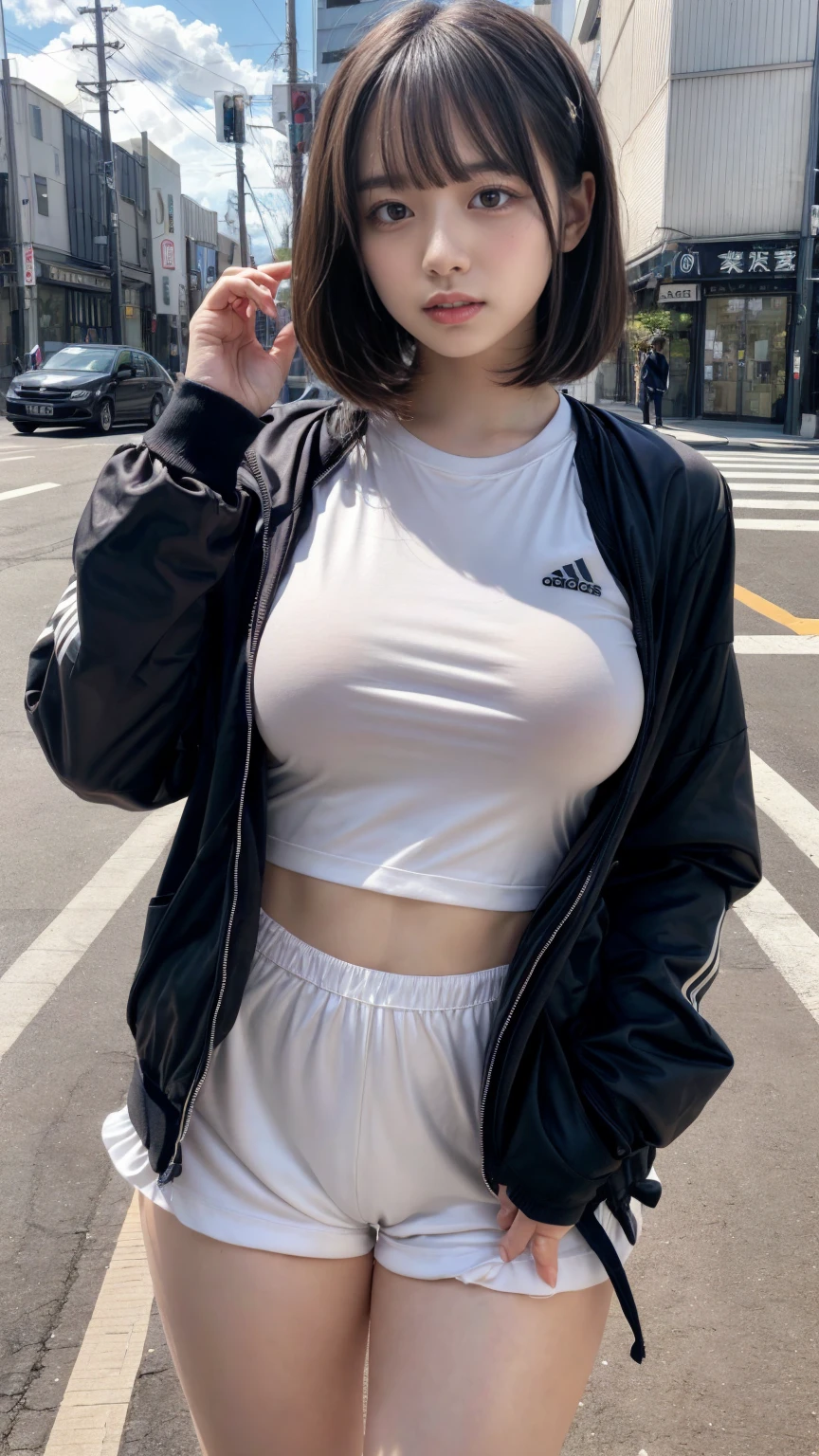 muste piece, best quality, illustration, Super detailed, fine details, High resolution, 8K,wall paper, perfect dynamic composition,(Details High quality, realistic depiction of eyes:1.3), short bob hair, wearing adidas black track jacket, wearing big workpants, white t-shirt, at the street in tokyo, Layered Cut, black hair color, Big Natural Color Lip, sexy pose, crying a little、cold gaze, Harajuku style、20 year old girl、cute type、lolita, hposing Gravure Idol, full body photo, huge breasts