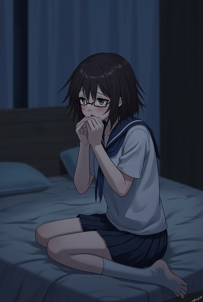 (One Boy,(blue-purplestreaked black hair)highlights hair,Shortcuts,yellow eyes,Sharp Eye,Hooded coat)Fall backwards on the bed