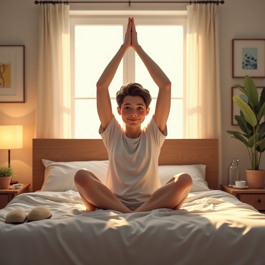 person getting out of bed lazily with one arm up reaching to the ceiling