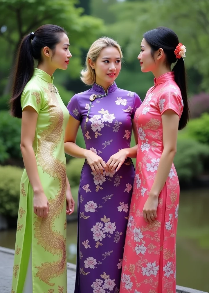 A woman in a green dress, long legs, perfect chest, holding a lady's folding fan, the fan is painted with lotus flowers, traditional Chinese clothing, cheongsam, Hanfu, wearing a blue cheongsam dress, traditional Thai clothing, soft green, with ancient Chinese aesthetics, traditional women, outdoor,