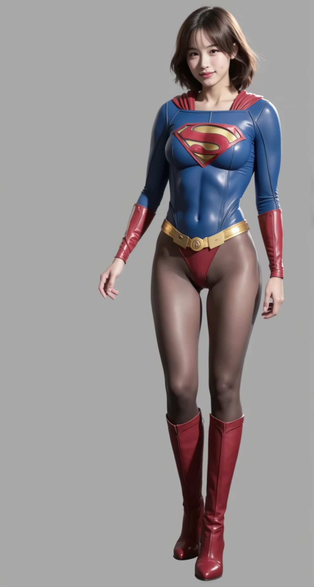 (((Wear black tights on your beautiful legs.)))、(((Grow legs、tall、Legally express the beauty of your smile)))、((((Make the most of the original image)))、(((Supergirl Costume)))、(((beautiful hairl)))、(((Suffering)))、(((Feet must necessarily be worn with black tights)))、(((You need to wear red boots)))、((Top image quality、8K))、((top-quality、8K、masterpiece:1.3))、(((Keep Background )))、Crisp focus:1.2、Beautiful woman with perfect body shape:1.4、Slender Abs:1.2、a wet body:1.5、Highly detailed facial and skin texture、8K
