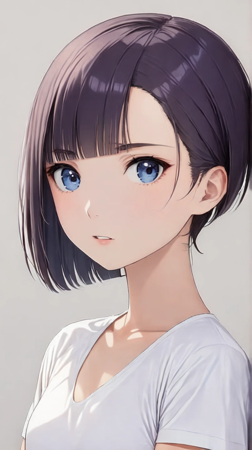 (high quality, masterpiece), cute face, pixie cut, clear skin, vibrant colors, white bikini, simple background, (dark gray hair with side undercut:1.3), (forehead:1.3), (low hair volume:1.5), (Parted Bangs:1.3), (shaved sides hair:1.1),BREAK