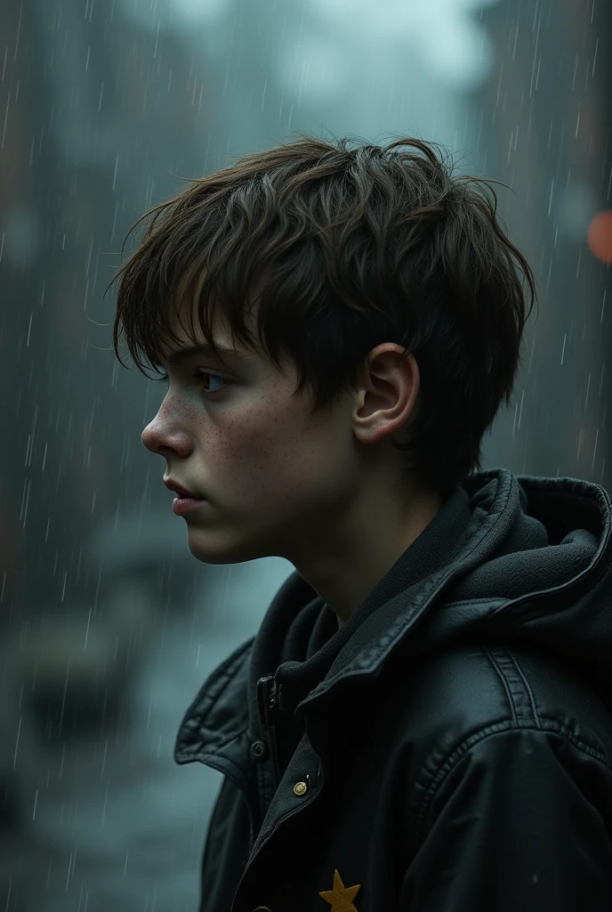 a handsome teenage boy standing in front of an abandoned house during a heavy rainstorm, realistic detailed face, beautiful eyes, sharp features, rain soaked clothes, moody atmosphere, cinematic lighting, dramatic shadows, muted color palette, gritty urban setting, masterpiece, high quality, photorealistic, studio lighting, physically-based rendering