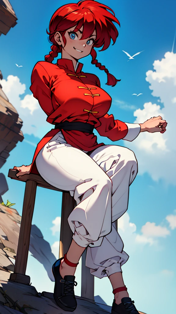 masterpiece, ultra quality, Beautiful detailed, extremely detailed,16K, exquisite, absurdity, highres, Beautiful background, Beautiful eye, Beautiful skin, anime style, 1girl, solo, looking at the viewer, upper body focus, huge breasts, big ass, red_hair, single braids BREAK Ranma red_shirt, ranma black_pants, Black_kung fu_shoes, Cameltoe BREAK (((muscular:1.3))), cheeky smile, Cheeky daughter, kung fu pose, One leg is raised high, kick, (i-shaped balance:1.1), perfect anatomy, outdoor, loose, Togenkyo,