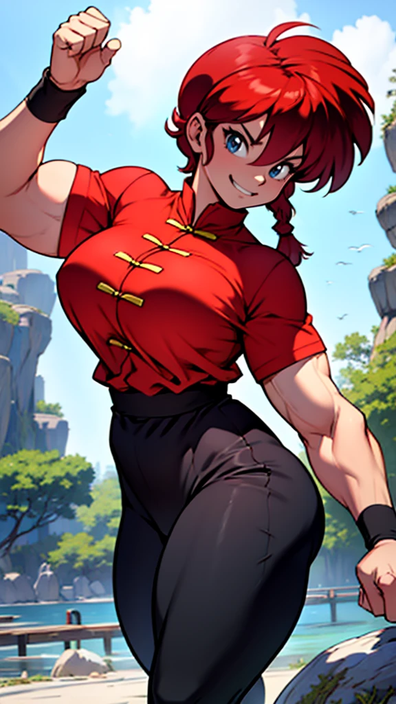 masterpiece, ultra quality, Beautiful detailed, extremely detailed,16K, exquisite, absurdity, highres, Beautiful background, Beautiful eye, Beautiful skin, anime style, 1girl, solo, looking at the viewer, upper body focus, huge breasts, big ass, red_hair, single braids BREAK Ranma red_shirt, ranma black_pants, Black_kung fu_shoes, Cameltoe BREAK (((muscular:1.3))), cheeky smile, Cheeky daughter, kung fu pose, One leg is raised high, kick, (i-shaped balance:1.1), perfect anatomy, outdoor, loose, Togenkyo,