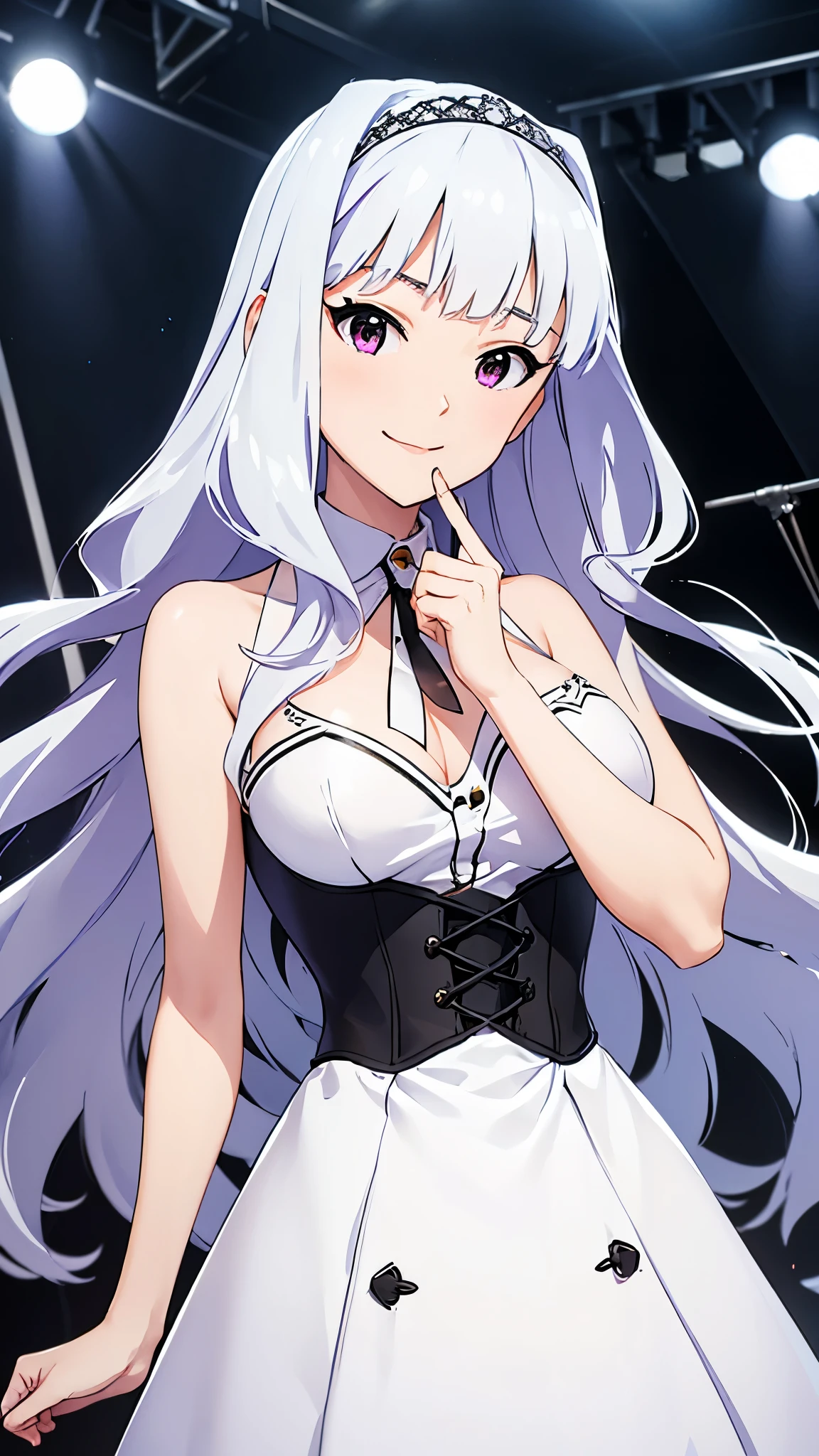(beautiful woman: 1.3), takane shijou, white long hair, BREAK, white dress, sleeveless dress,layered dress, cross-laced dress, corset, cool look, wide, on a grand stage, (cinematic angle), idol concert, singing, looking at viewer, stage, white curtain, stage lights, splendid, light particles, lens flare, depth of field, blurry, blurry background, CG, unity, 8k, wallpaper, highest quality, masterpiece, best lightning, complex textile