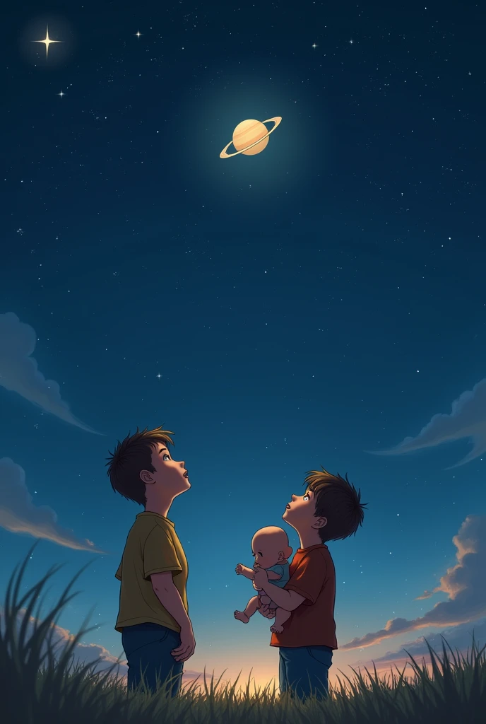 Crie 2 imagens de mesma personagem, de um menino de cadeira de rodas. The first image he is looking at a starry sky, The second image he is playing with an astronaut girl.