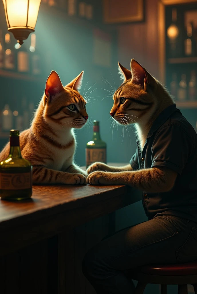 A few HuMeow  friends are drinking together at a bar <lora:SD15-HuMeow-LoRA:1>