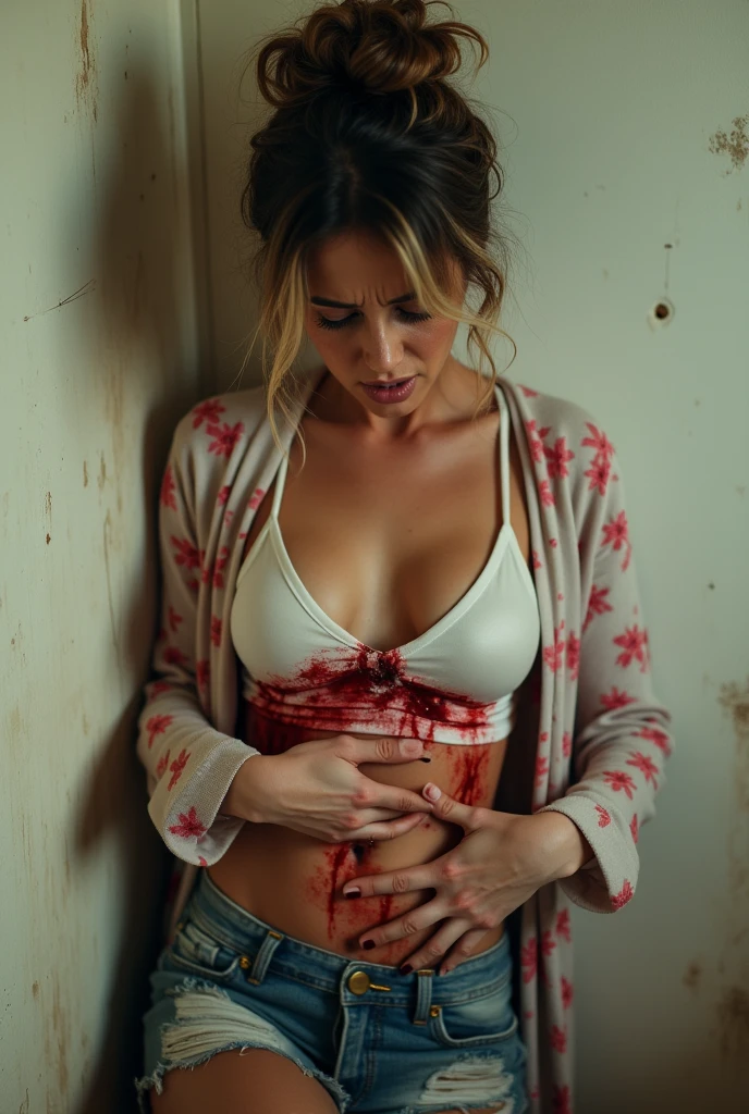 um close up de uma mulher com sangue no corpo, pale woman covered with blood, horror corporal, sangue no corpo, Bodyhorror, corpo-horror, Corpo - Horror, manchado e sangrando, destroyed body, salpicado de sangue, brutal sluty sluty maquiagem, em um avental coberto de sangue, gotejamento da pele, imagens de terror, sangramento no banho, pussy_outline, nipple_outline