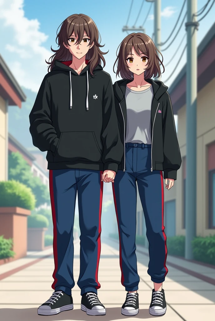 You can create me with the outfit I'm going to school?
Look it's like this : black poleron or hoodie , gray t-shirt under , blue pants with red stripes ( that's the school pants , the sweater so to speak ) and finally , I wear black sneakers
Finally, I have long wavy hair , and I'm not Asian
Oh , and you can do it next to the girl of my dreams ? Ok my girl is :
short wavy hair, skinny but with a good , brown eyes , and you can do it with my same clothes ? But I don't want you to create our version of anime I want a normal one, and do it with long pants , with my same pants and to show my , porque te pedi sea skinny but with a good , oh I almost forgot , that she has brown and short hair , and also wavy , y no olvides que tenga un black poleron or hoodie , What is the name . BUT DON'T DO IT LIKE A WOMAN, ok this time you can do us and shower in a shower, And also that we're kissing ?