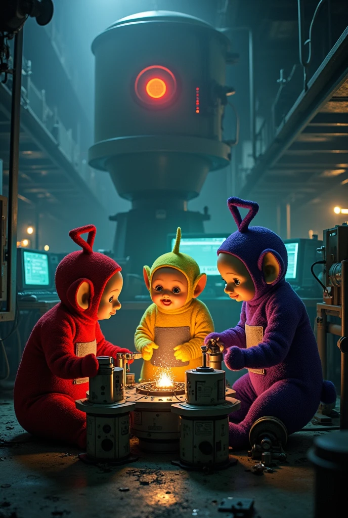 A dark, abandoned laboratory filled with broken cages and shattered test tubes. A chalkboard displays sketches of the Teletubbies, showing them as young children undergoing horrific experiments. The Teletubbies are shown with their recognizable colorful round bodies and head antennas, but the sketches are disturbing, with indications of suffering. Blood stains are smeared on the walls. The atmosphere is eerie, with low lighting casting ominous shadows.
