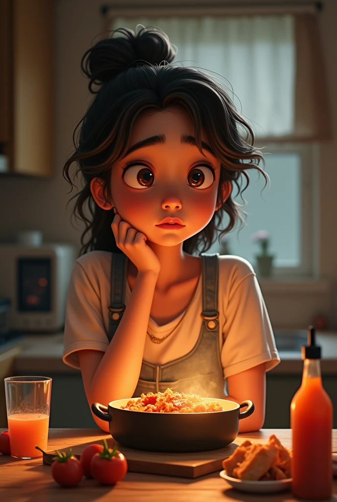 Shock expression of a woman after tasting a delicious food , a woman with black messy bun hair,medium skin tone,circle cute face and blue eyes realistic digital art 8k