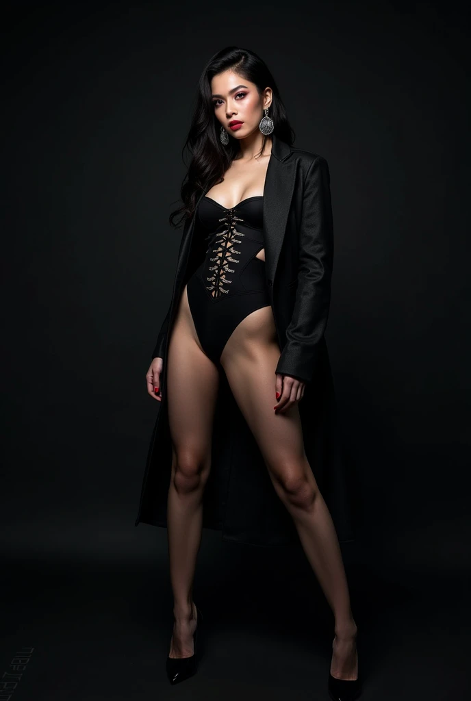 Full body shot of a sexy girl in black leather bikini, long legs, masterpiece