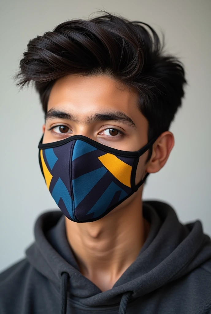 An AI generated pic "A handsome boy With black mask a skull is on the mask boy wear black shirt "Malik Awan" is written on the shirt.
