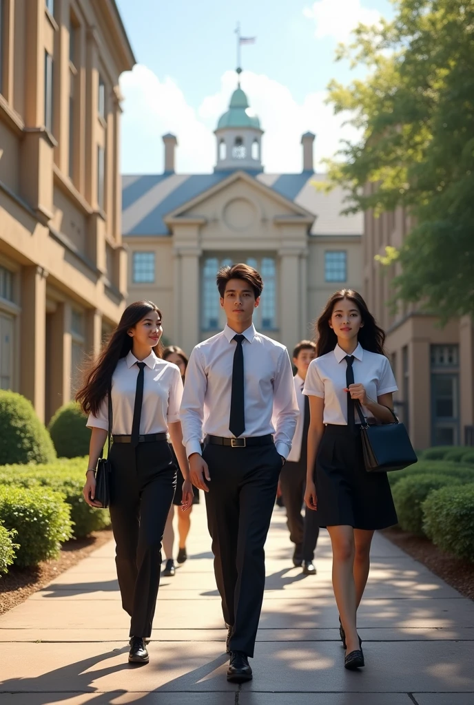 There are two people one men and one women standing in front of a building with a building in the background, jk uniform, uniform background, state polytechnic of jakarta uniform university, university, yellow uniform, school uniform, student, highschool background, high quality fanart, official fanart, academic clothing, magical school student uniform, official fanart behance hd, plain uniform sky, official art, official illustration, official artwork, promotional render, long uniform, ((one male and one female)), full body of uniform, uniform collage
